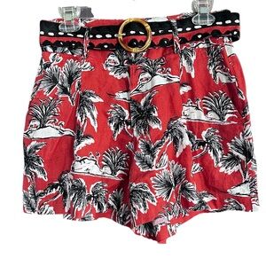 Tahari 100% European Flax Tropical Print Belted Shorts in Orange Black size 8